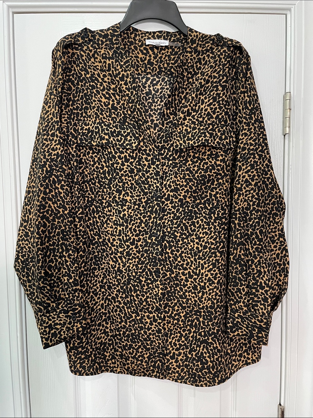 Calvin Klein Leopard Print Blouse - Black & Tan